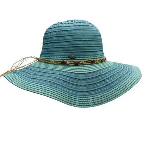 Scala Collezione Turquoise Blue Striped Wide Brim Floppy Paper Braid Hat Womens